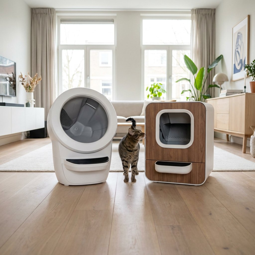 Twee moderne automatische kattenbakken staan naast elkaar in een lichte woonkamer, terwijl een kat nieuwsgierig tussen de modellen rondloopt.